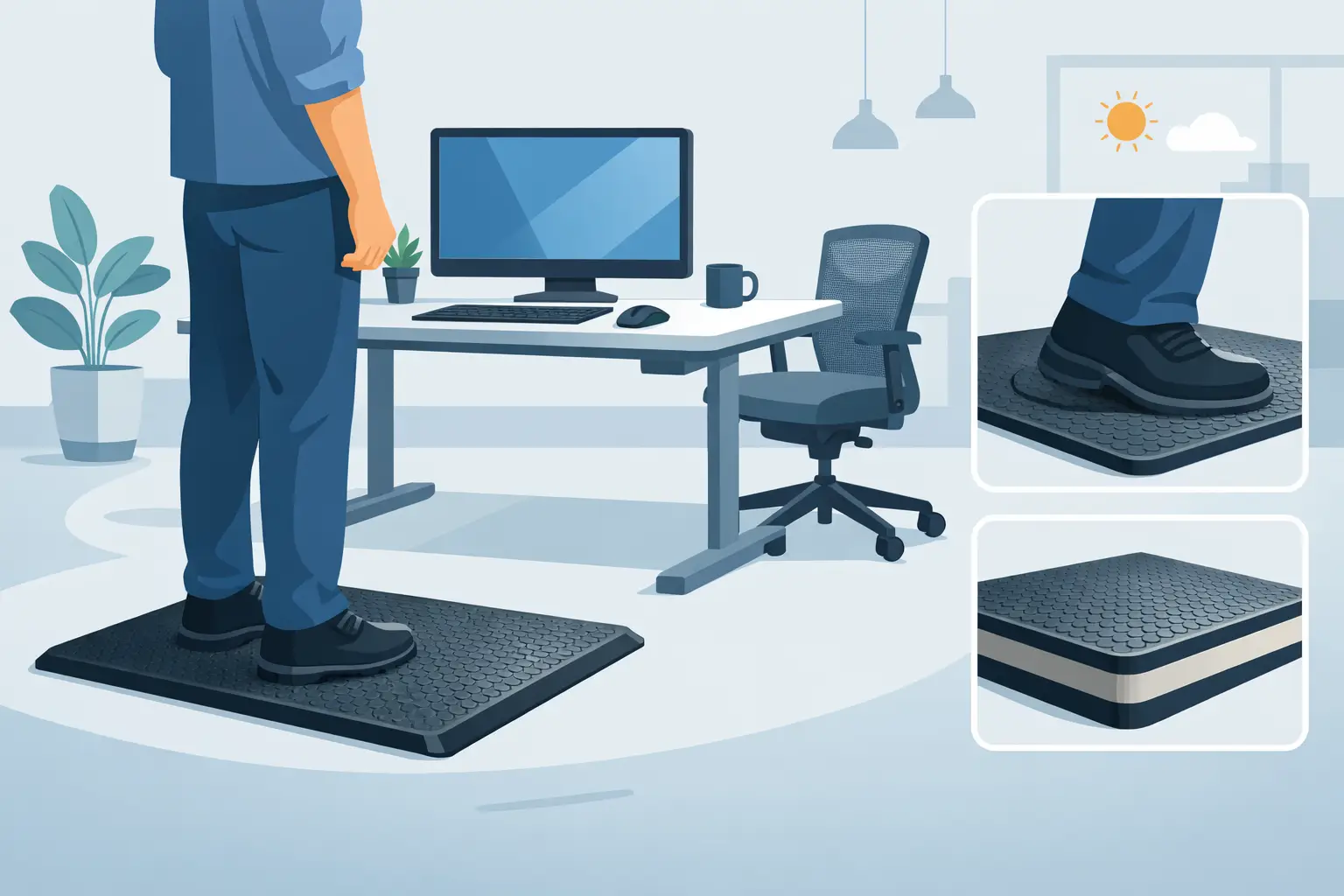 Töökoha ergonoomiline kummiplaat töökeskkonnas